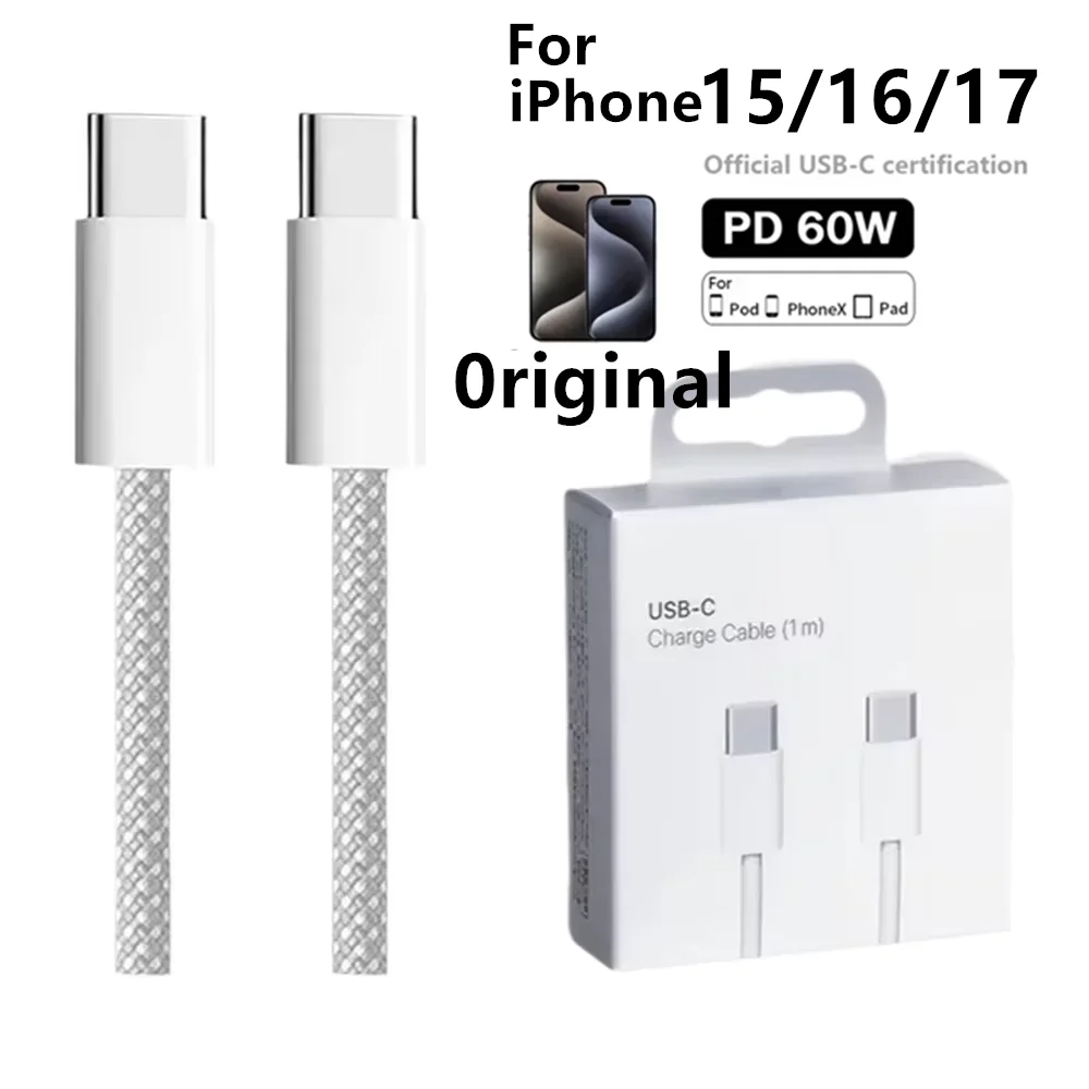 

Кабель для быстрой зарядки PD 60W с двумя разъемами USB-C, плетеный, для iPhone 15, 16, 17 Pro Max, 15 Plus, Type-C на Type-C, с коробкой