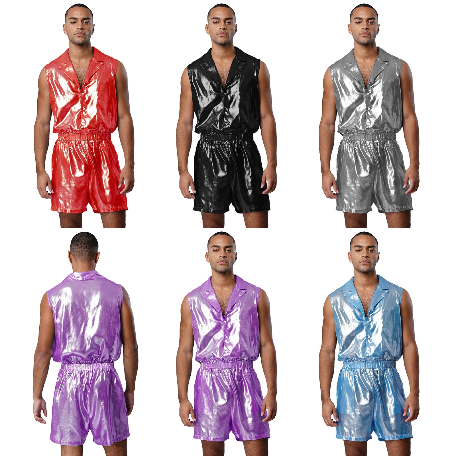 남자 시스루 메탈릭 반짝 이는 점프 슈트 나이트 클럽 레이브 파티 옷깃 칼라 민소매 탄성 허리 바디 슈트 폴 댄스웨어
