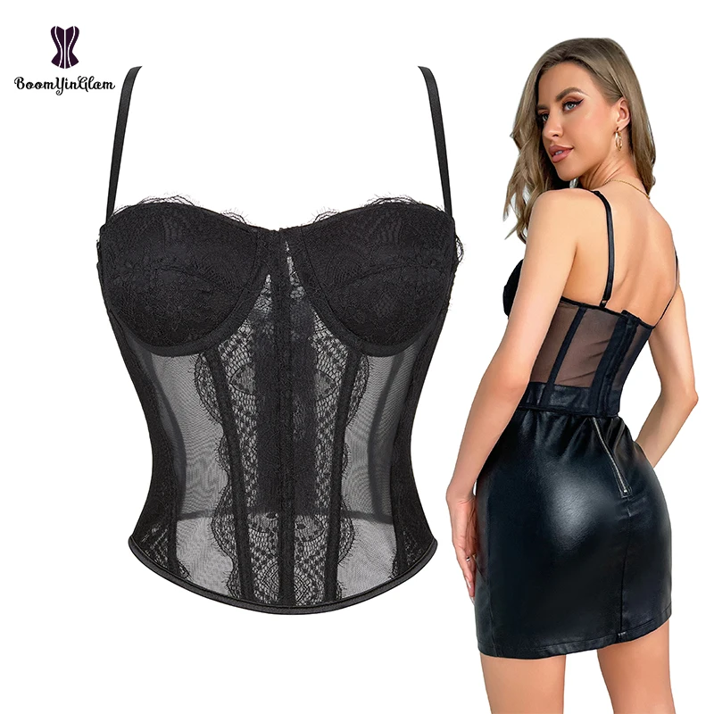 

Plus Size S-xxxl 9 Plastic Bones Mesh Lace Women Underwear Spaghetti Strap Hook Adjust Bustier Corset Crop Top With G String