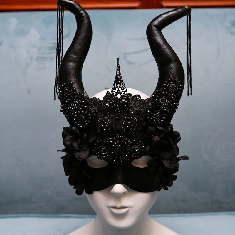 검은 뿔 과장된 할로윈 재미 있은 전면 멋진 드레스 파티 연례 회의 베니스 라이브 방송 여성 마스크 마스크