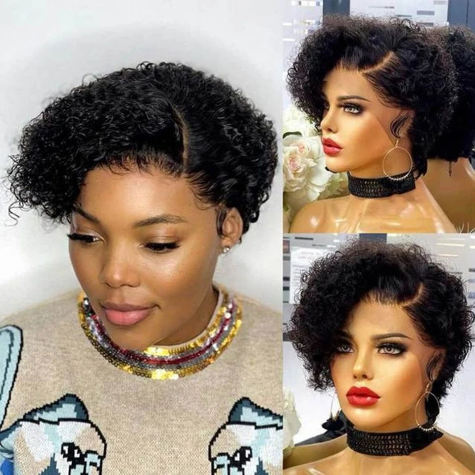 

1B# Short Pixie Cut Curly Wig Human Hair Dark Brown Deep Wave Curly Lace Transparent Frontal Wigs for Women C Part 13X1 Lace Wig