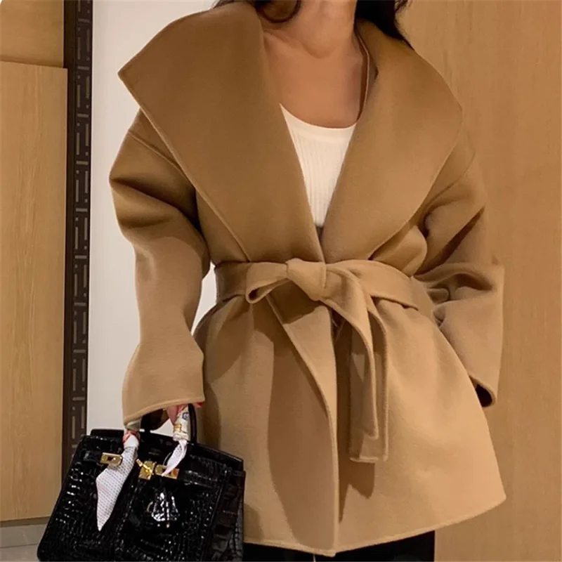 

Корейская шикарная осенне-зимняя шерстяная куртка с большими лацканами в стиле ретро, черный, серый, хаки, пальто трапециевидной формы с поясом, элегантная винтажная шикарная верхняя одежда