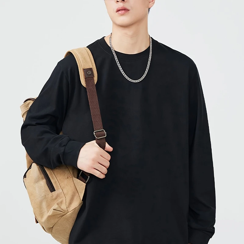 تي شيرت رجالي ثقيل الوزن 100% من القطن الخالص بأكمام طويلة - رقبة دائرية غير مرنة، نمط أساسي يومي، مناسب لصالة الألعاب الرياضية والمكتب #1