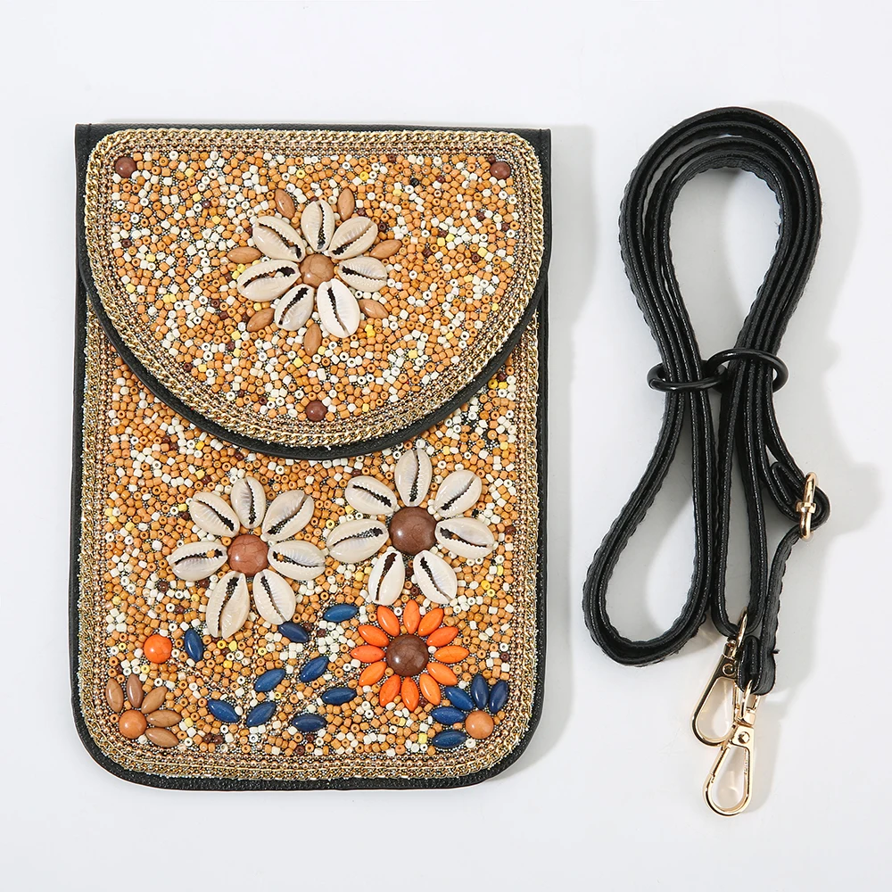 2026 جديد زهرة على شكل اليدوية مطرز حقيبة الهاتف المرأة العرقية بوهو Crossbody الحقيبة الجلدية الرجعية الملونة الأزهار المحمول محفظة