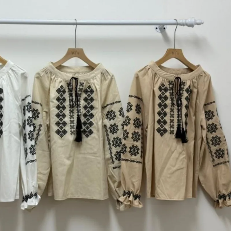 Camicie con maniche a lanterna con scollo tondo con lacci ricamati bohémien retrò Camicette autunnali da donna Top da spiaggia casual larghi per le vacanze