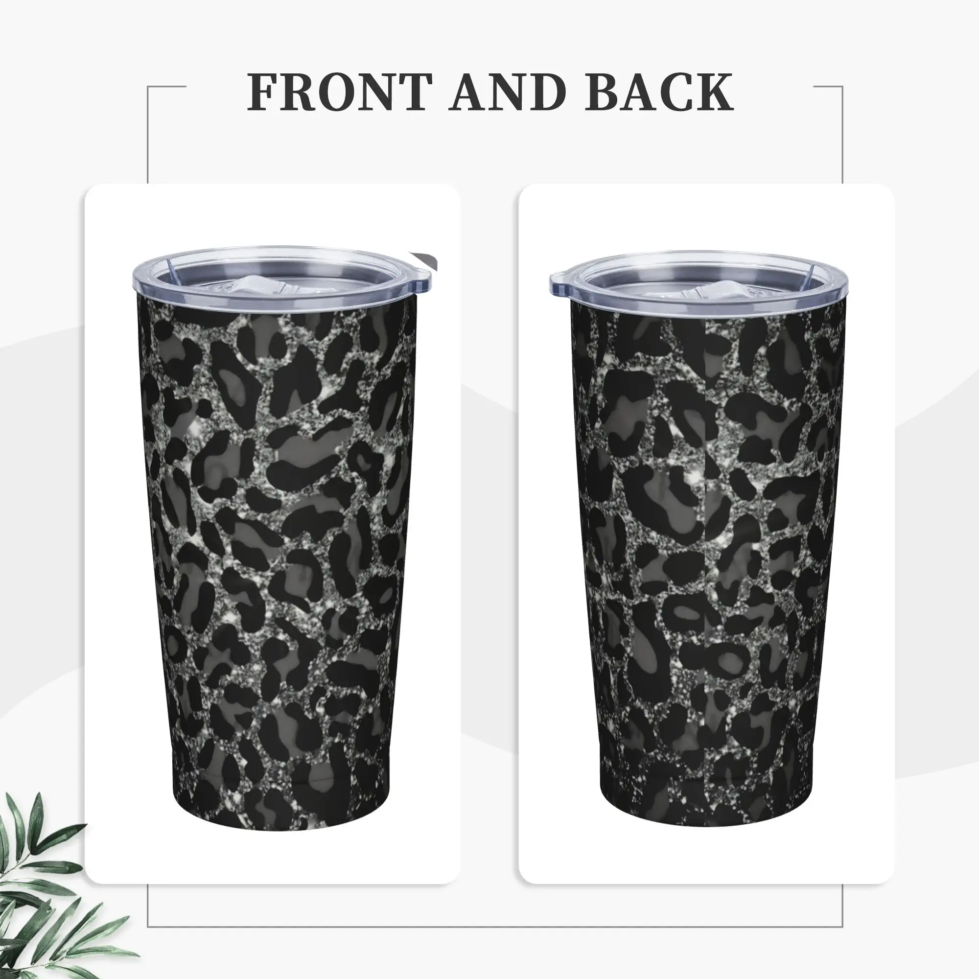 Glitter Leopard Faux Fur Insulated Tumbler with Straws Lid  Vacuum Thermal Mug Office Home Car Bottle Cups, 20oz