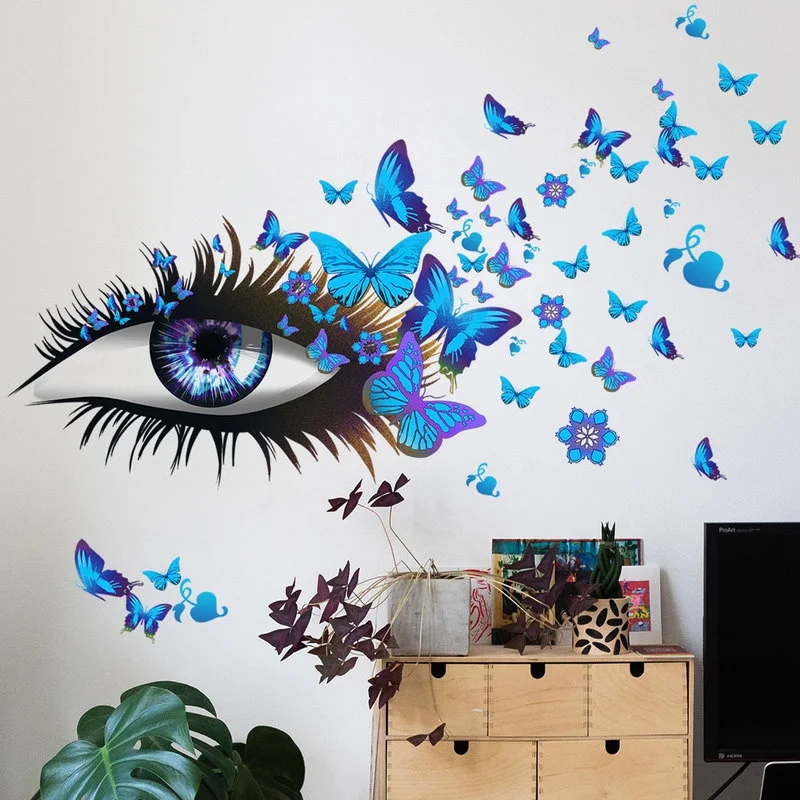 Creative Beautiful Girl Eyes Wall Sticker Flying Butterfly Wall Decals Girl Long Eyelashes For Couple Lovers Bedroom Decoration