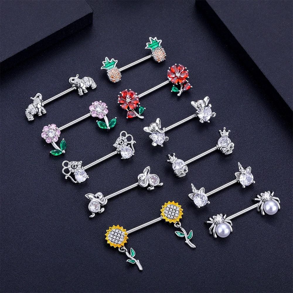 2PCS 14G Red Zircon Flower Cherry Sexy Nipple Piercing Shield Cover Barbell for Women Girls Heart Dangled Nipple Rings Jewelry