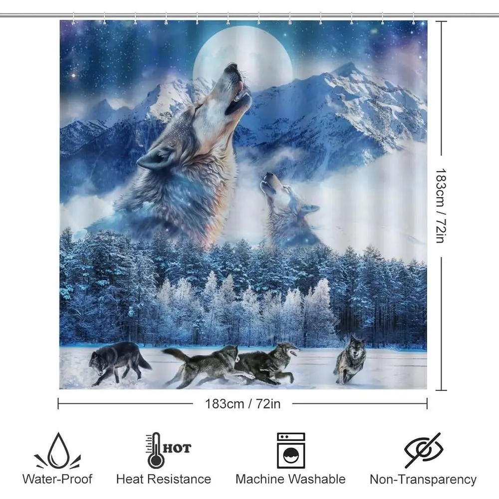 Juego de cortina de ducha Fantasy Forest Galaxy Wolf con lobos de montaña nevados, alfombras antideslizantes, cubierta para tapa de inodoro y alfombrilla de baño