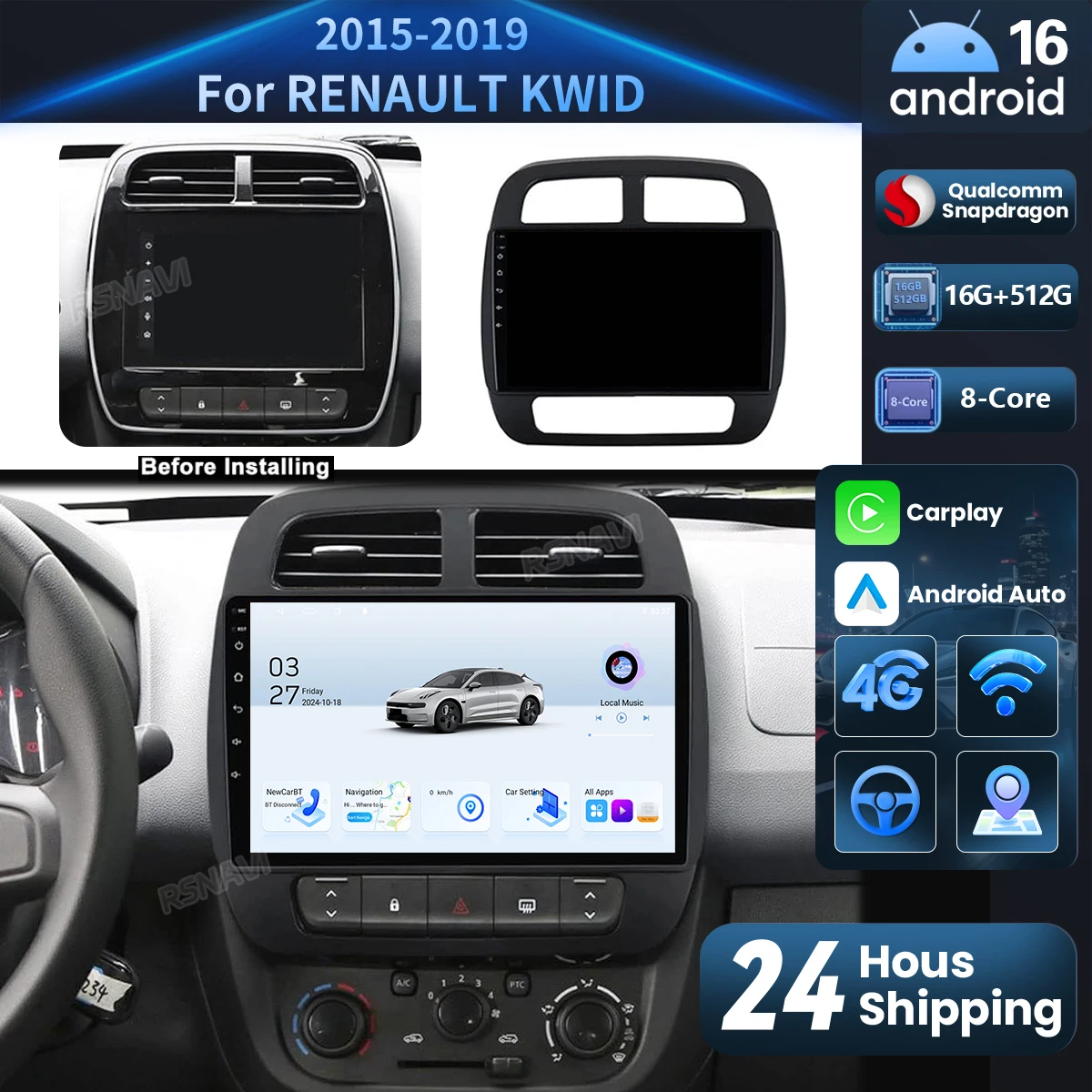 Radio Multimedia para Auto con Pantalla 2K y Android 16 Carplay para Renault KWID K-ZE 2015-2019, Estéreo Qualcomm 16G-512G WIFI