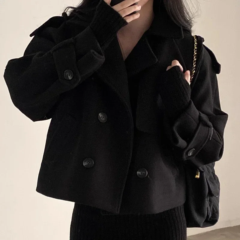 French Style Vintage Turn-down Collar Woolen Jackets Double Breasted Pockets Loose All-match Crop Coats Autumn Winter Chic Top