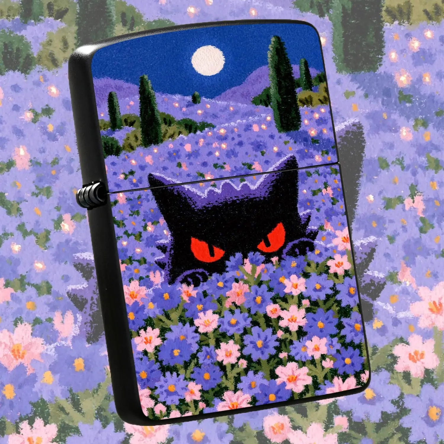 Gengar Night Flower Field Lighter, Full Moon Lavender Scenery Creative Illustration Design, Portable Unique Art Themed Igniter, Ideal For Daily Carrying, Gifting To Anime Fans, Using In Various Scenarios  A Humorous And Interesting Lighter