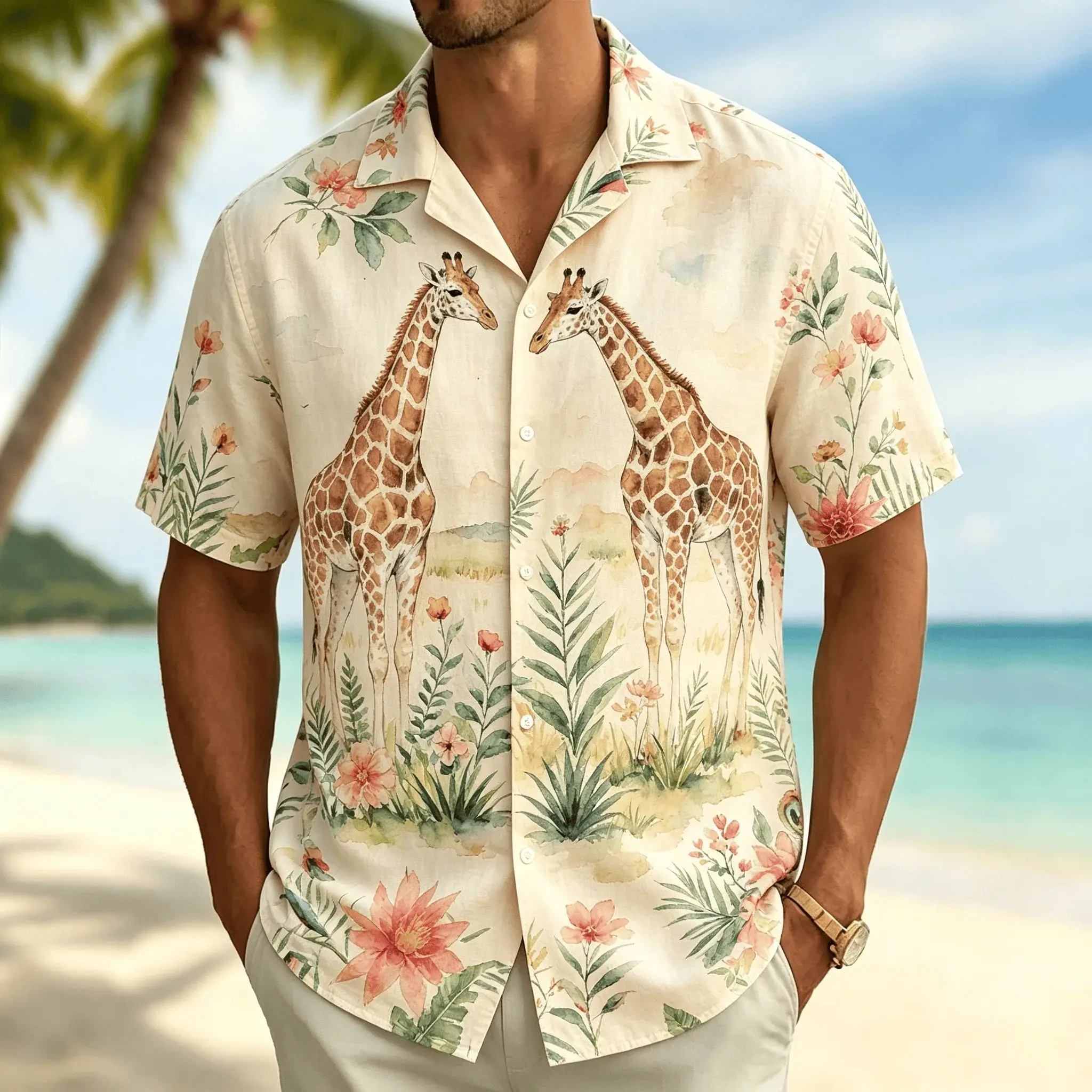 Men's Tropical Parrot Print Short-sleeved Shirt in Casual Hawaiian Style with Buttons on The Front