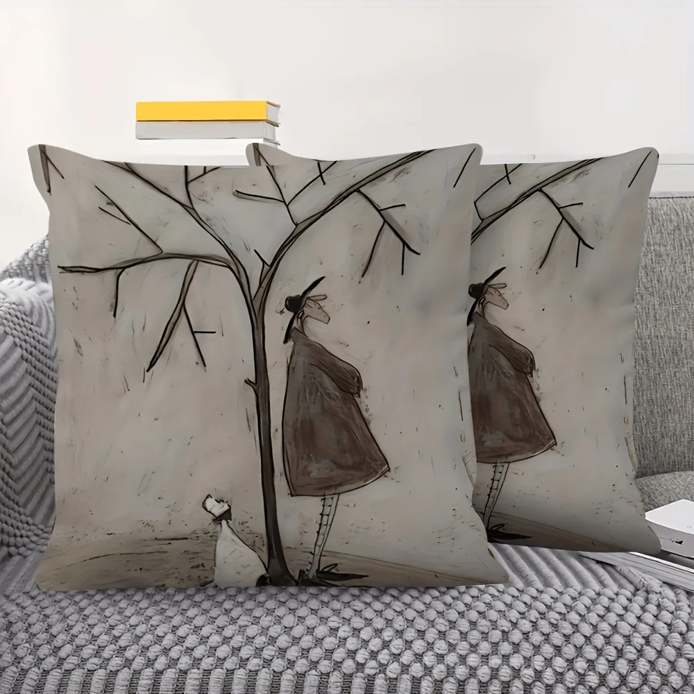 2pcs Vintage Abstract Tree and Couple Print Throw Pillow Covers for Home Decor