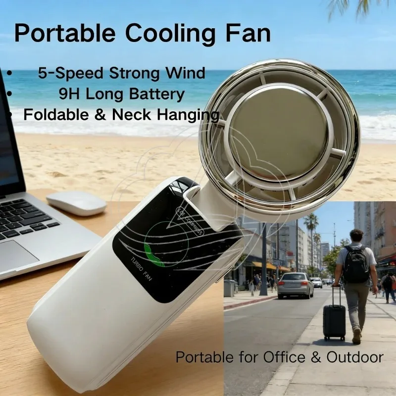 Foldable Neck Hanging Fan 9H Battery Life LED Cooling Fan for Office Outdoor Travel
