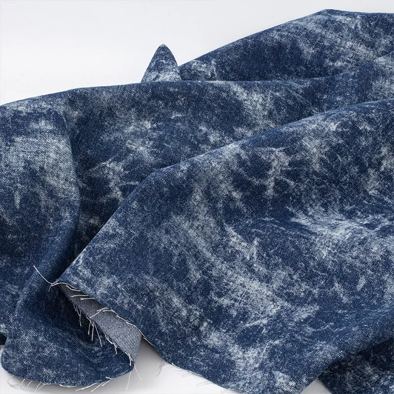 Blue Tie Dye Faded Printed Cotton Denim Designer Fabric with Bleached Finish for Denim Hat Crafting and Custom Garment Workshops