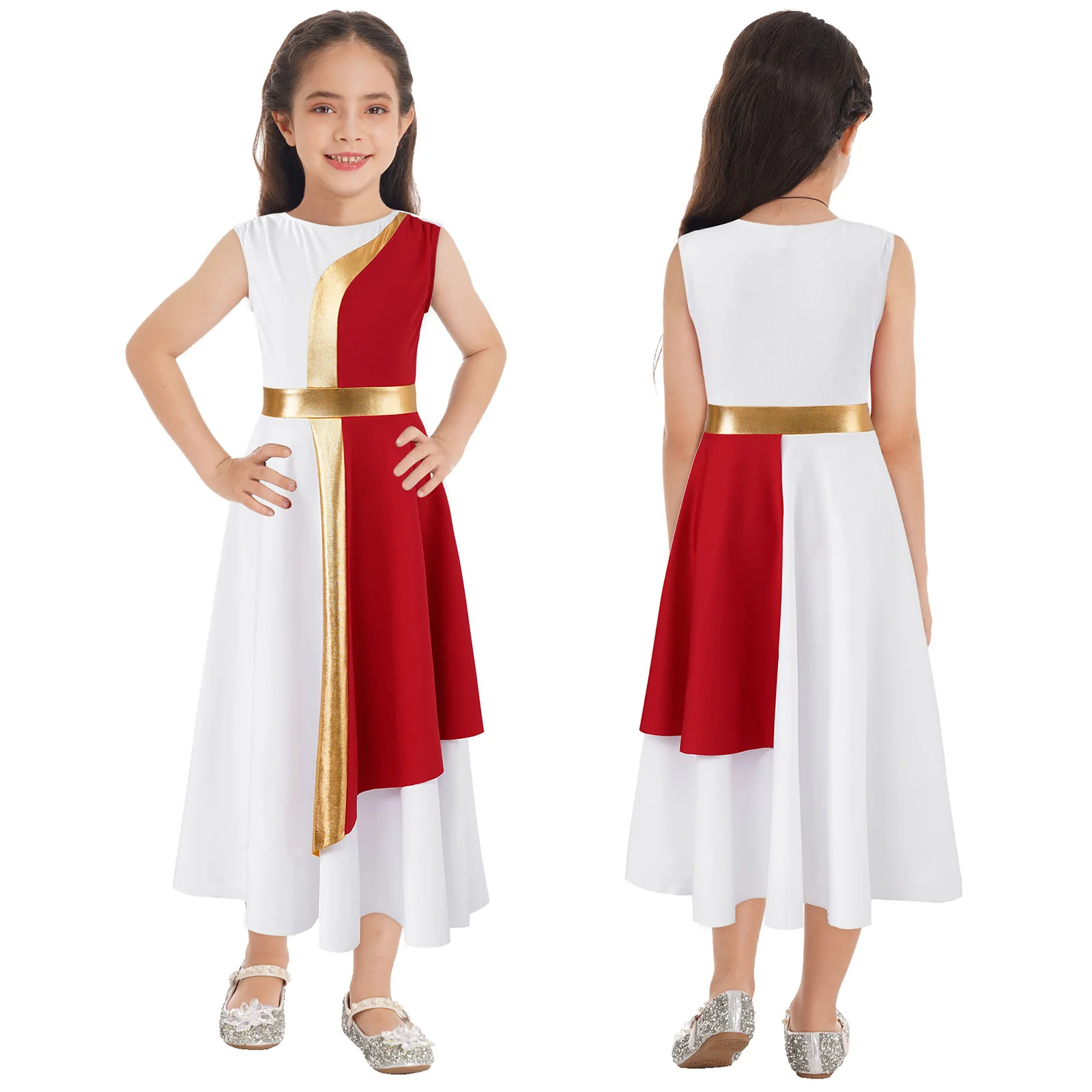 Vestido de baile lírico para niñas, traje de adoración de coro de iglesia, sin mangas, Color de contraste, Ropa de baile para actuaciones en escenario, 6-16 años