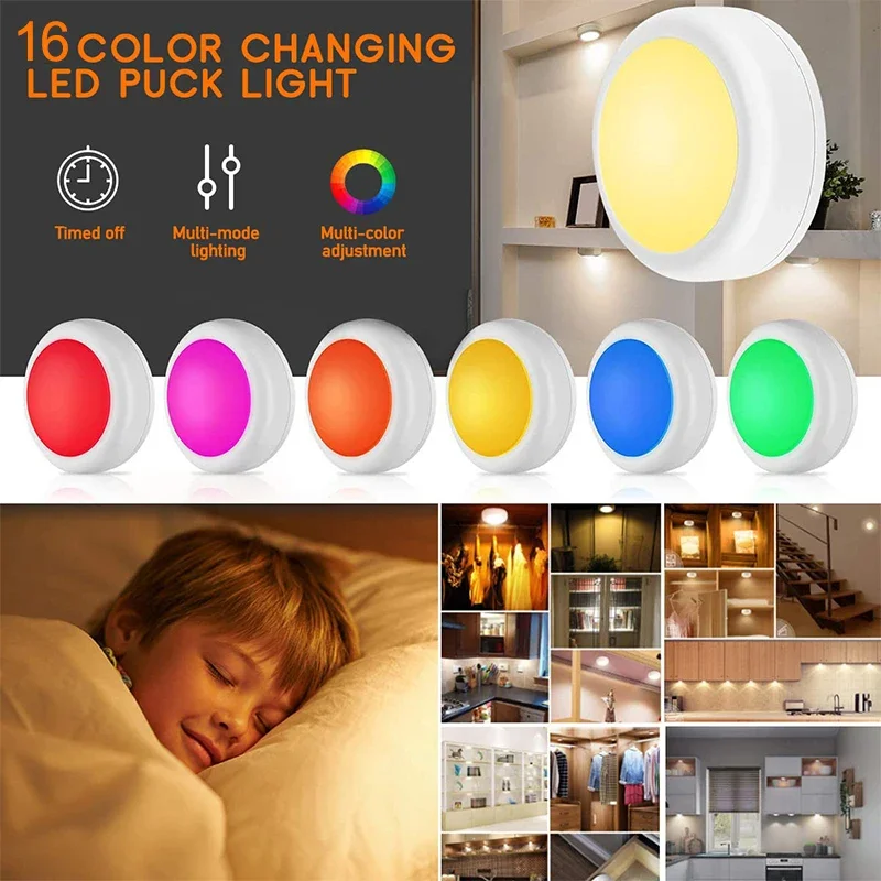 1/3 Pack LED Puck Lights,Color Changing,Battery Operated,IR Remote,Night Light,Wireless Stick on Lights,Under Cabinet Lighting