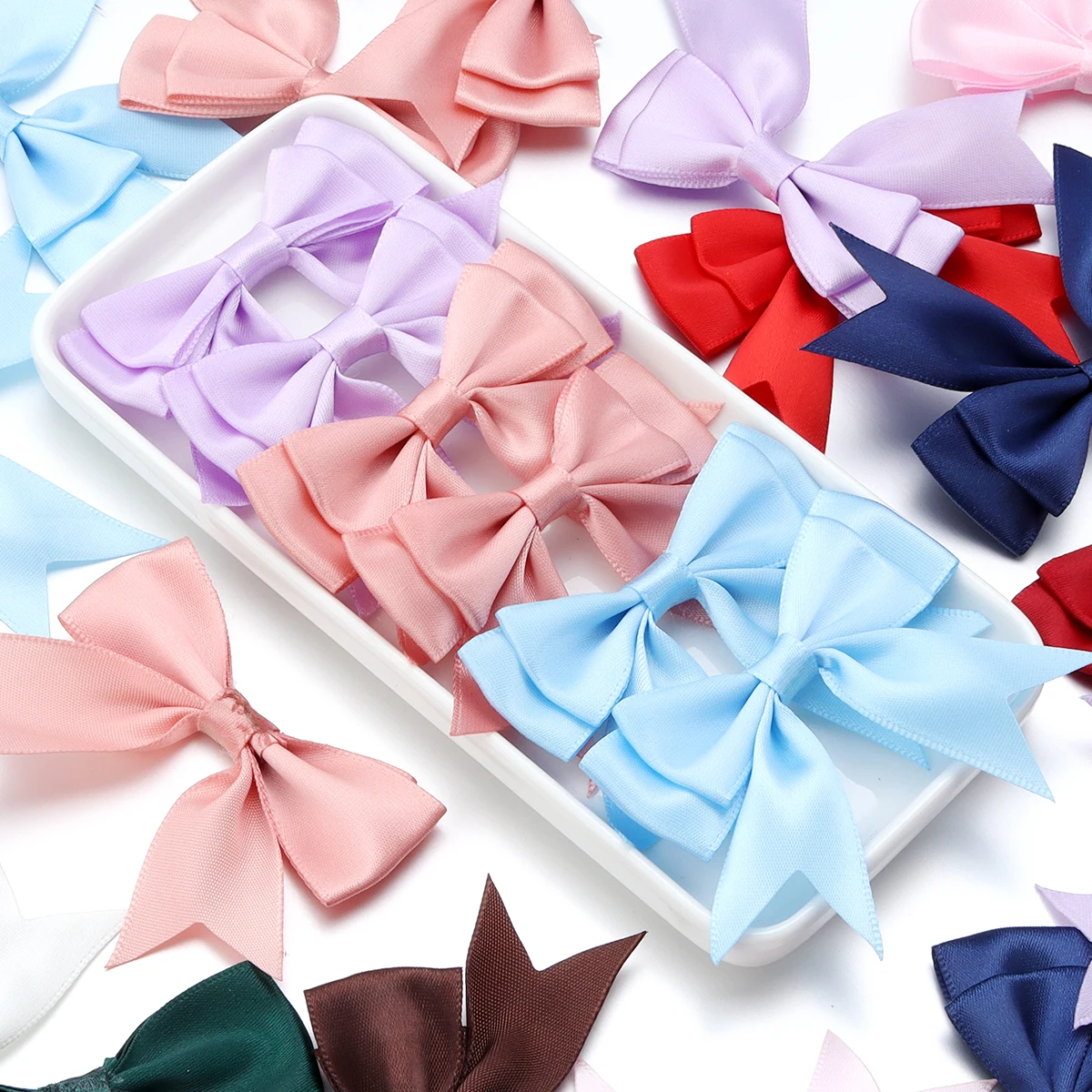 10Pcs/lot Satin Ribbon Bows Multicolor Double Layer Bowknots For DIY Headwear Clothing Gift Wedding Party Crafts Decoration