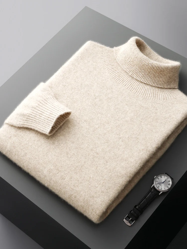 Autumn Man Turtleneck Solid Color Long Sleeve Warm Pullover 100% Merino Wool Knitwear Sweater High End Commerce Thickening Tops