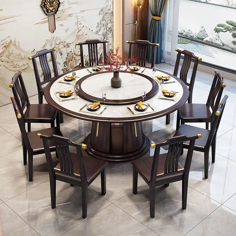 

Solid wood rock slab round dining table full chair household high-end all solid wood induction cooker round table with turntable