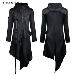 Men Gothic Steampunk Jacket Halloween Tailcoat Cosplay Hooded Assassin Costume Medieval Viking Warrior Zipper Black Coat 5XL