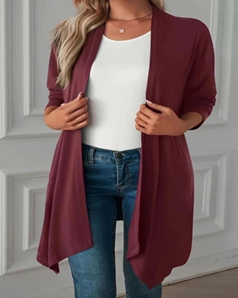 Plus Size Solid Color Open Front Top, Casualowy top z długim rękawem na wiosnę i jesień, odzież damska w dużych rozmiarach