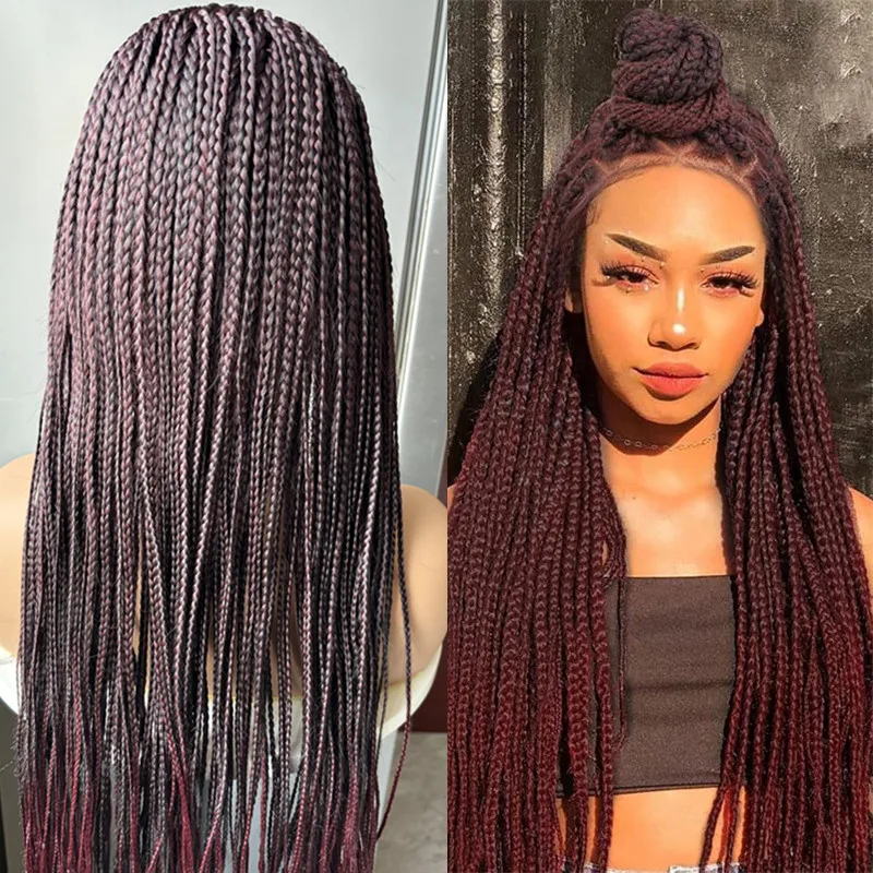 

Dark Burgundy Colored Synthetic Lace Frontal Wig Afro Synthetic Braided Wig All Lace Cap Braided Wig Cornrow Braids Wigs Sale