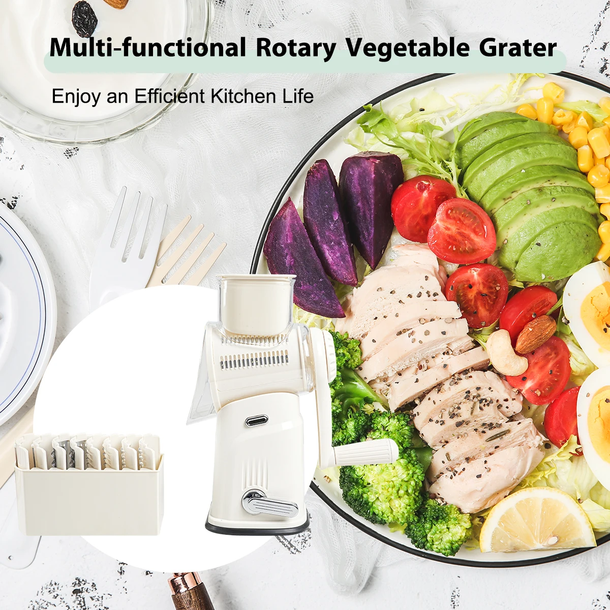 Kitchen grater vegetable slicer rotary cheese grater round mandolin slicer nut grinder with 5 roller blades and handle