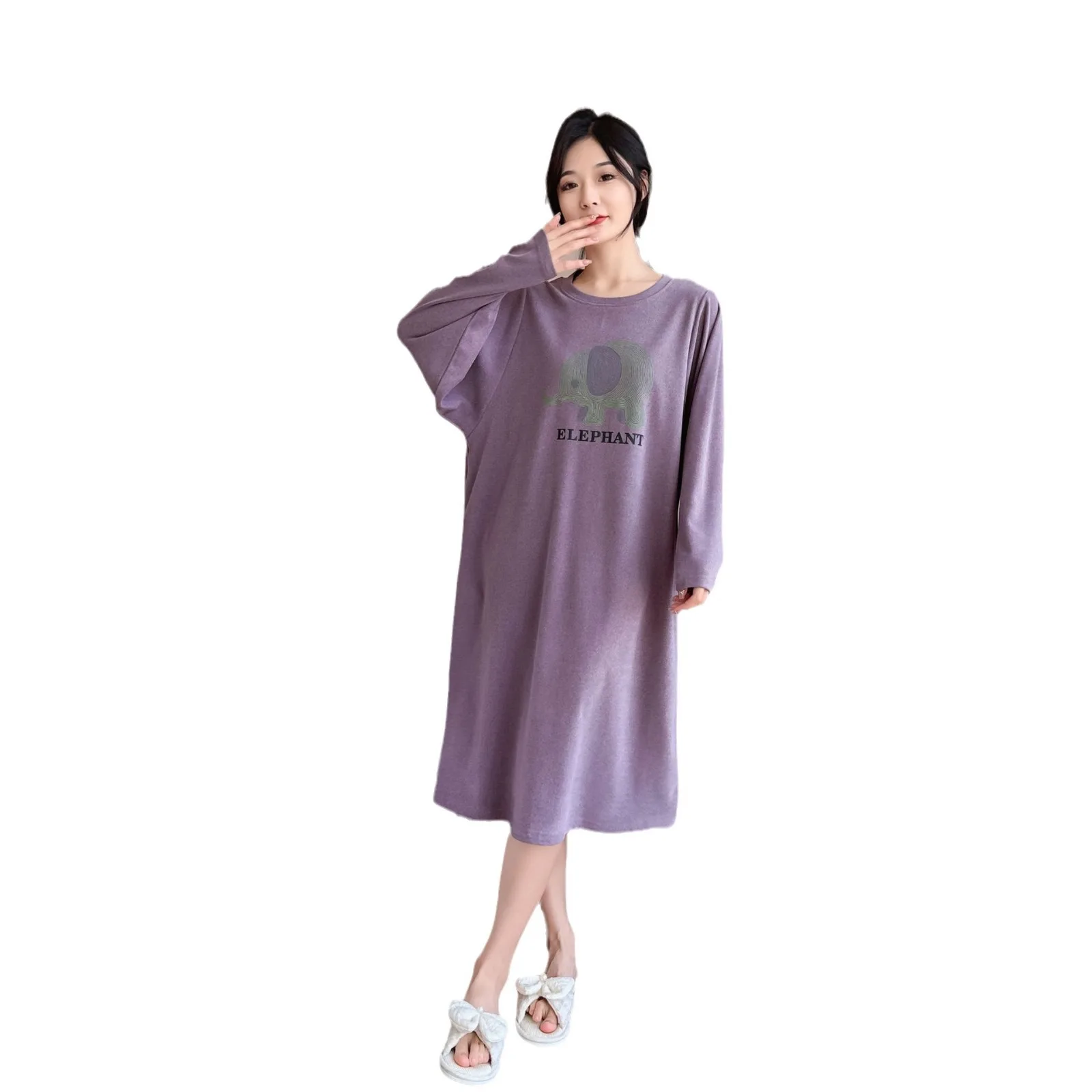 2024 New Female Casual Cartoon Nightdress Ladies Velvet Sleepwear Women Plus Size 100kg Nightgown Long Sleeve Loose Home Dress