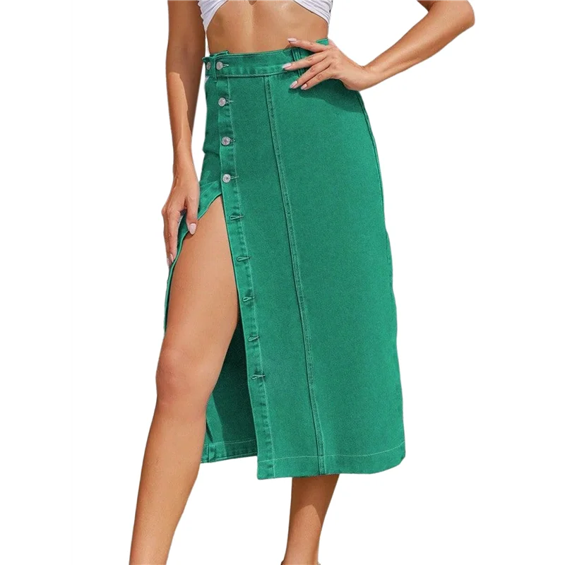 

ABRT-Womens Casual Slit Denim Midi Jean Skirt Stretch High Waist Frayed Button Up