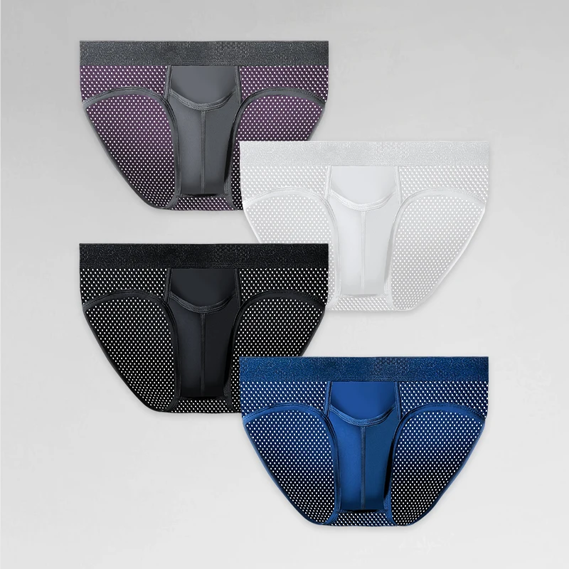 3-Pack of Bullet-Type Separated Underwear for Men, Sexy U-Convex Briefs, Vein Ice Silk Scrotum Support Spermatic Cord Shorts, Va