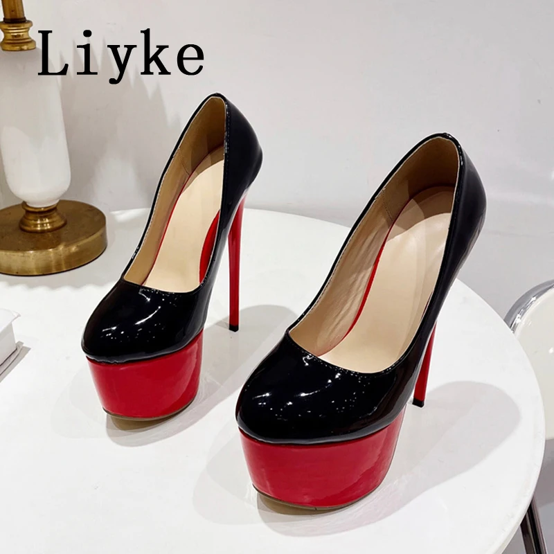 Liyke Classics Black Red High Heels For Women Sexy Shallow Round Toe Slingback Platform Pumps Wedding Banquet Shoes Stilettos