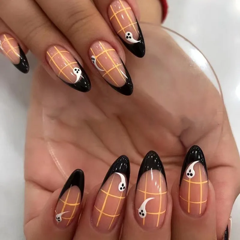 24-Piece Halloween French Press-On Nails - Black Tips With Ghost & Plaid Design Long Almond Shape Spooky Style