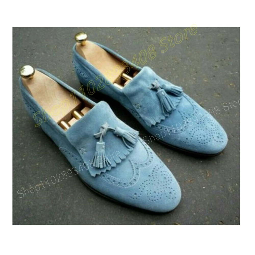 

Blue Fringe Tassels Men Casual Shoes High Quality Suede Hand-made Party Wedding Loafers Flat Men Shoes 2024 Zapatillas Mujer