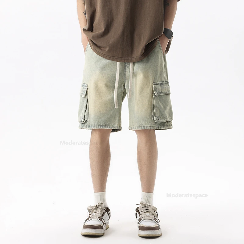 Summer Cargo Jeans Men Pockets Denim Shorts Elastic Waist Loose Straight High Street Wide Knee-length Short Pants