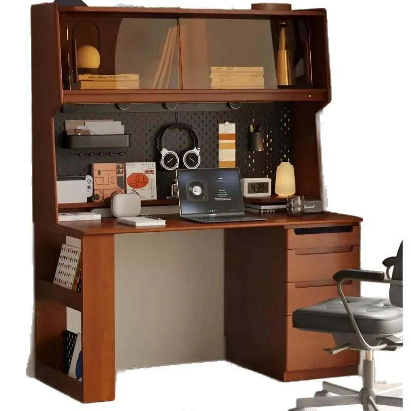 

Nordic solid wood desk bookshelf integrated boxwood computer desk retro home multi-functional desk medieval furniture