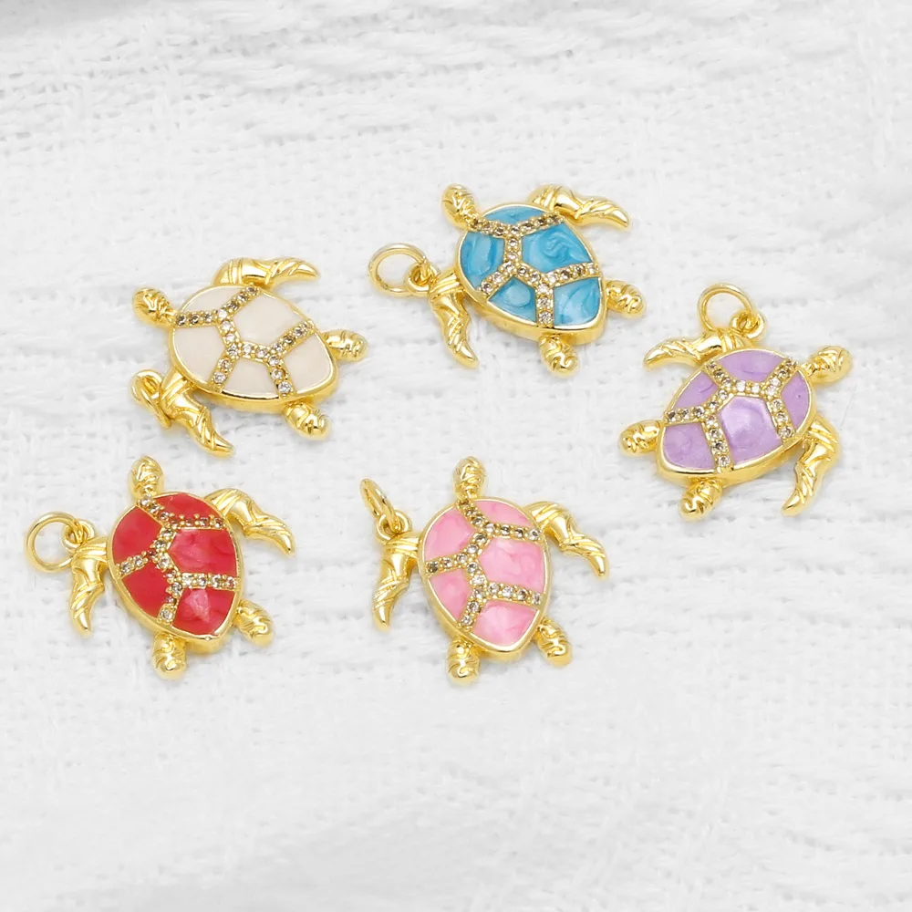 OCESRIO Zircon Sea Turtle Pendants Gold Plated Copper Enamel Cute Animal Charms for Necklace Jewelry Making Supplies pdtb944
