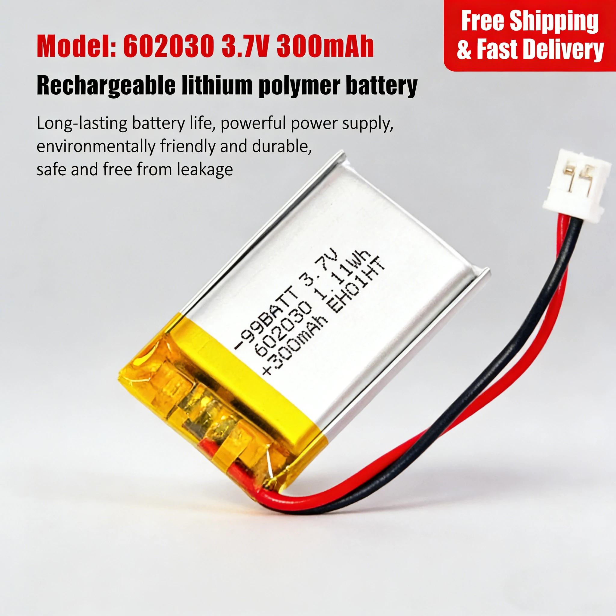 

602030 3.7V 300mAh Li-Polymer Battery for TWS Bluetooth Earphone Charging Case Smart Watch Bracelet Headset Replacement Li-Po