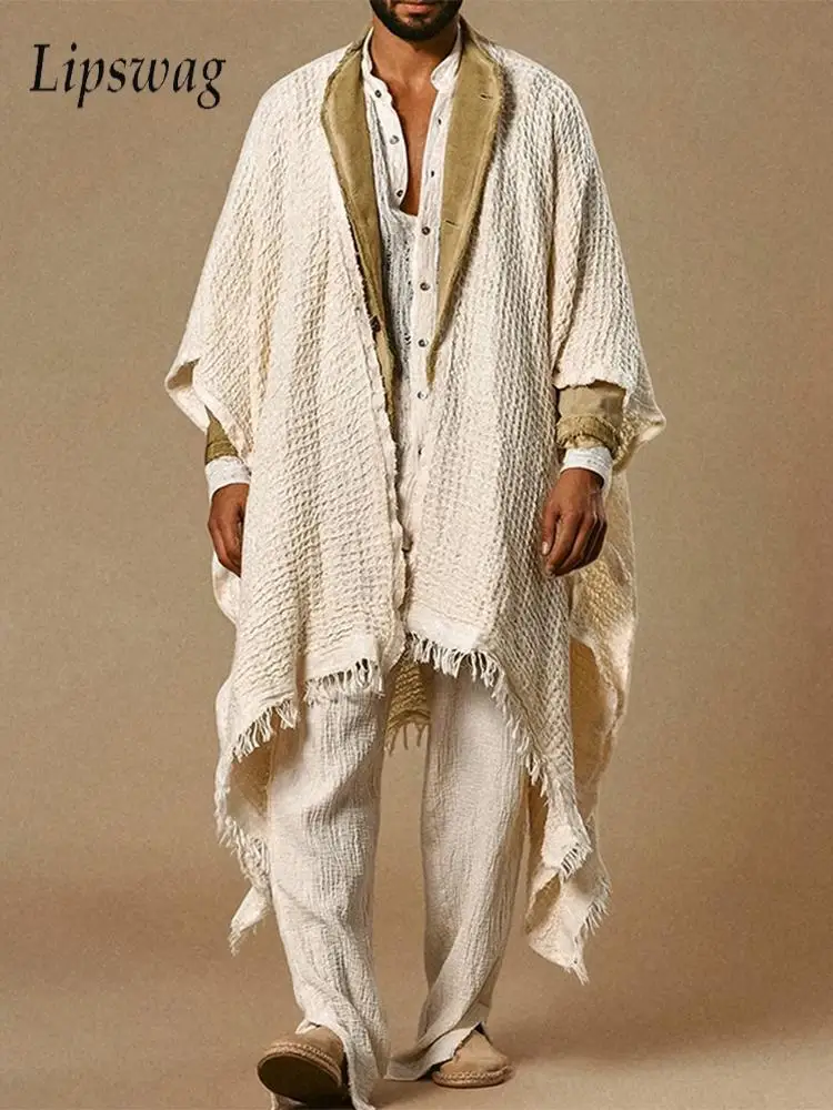 

Bohemian Fashion Cape Men Cardigans Vintage Solid Color Loose Tassel Shawl Top Men 2026 Summer Seaside Beach Breathable Cardigan