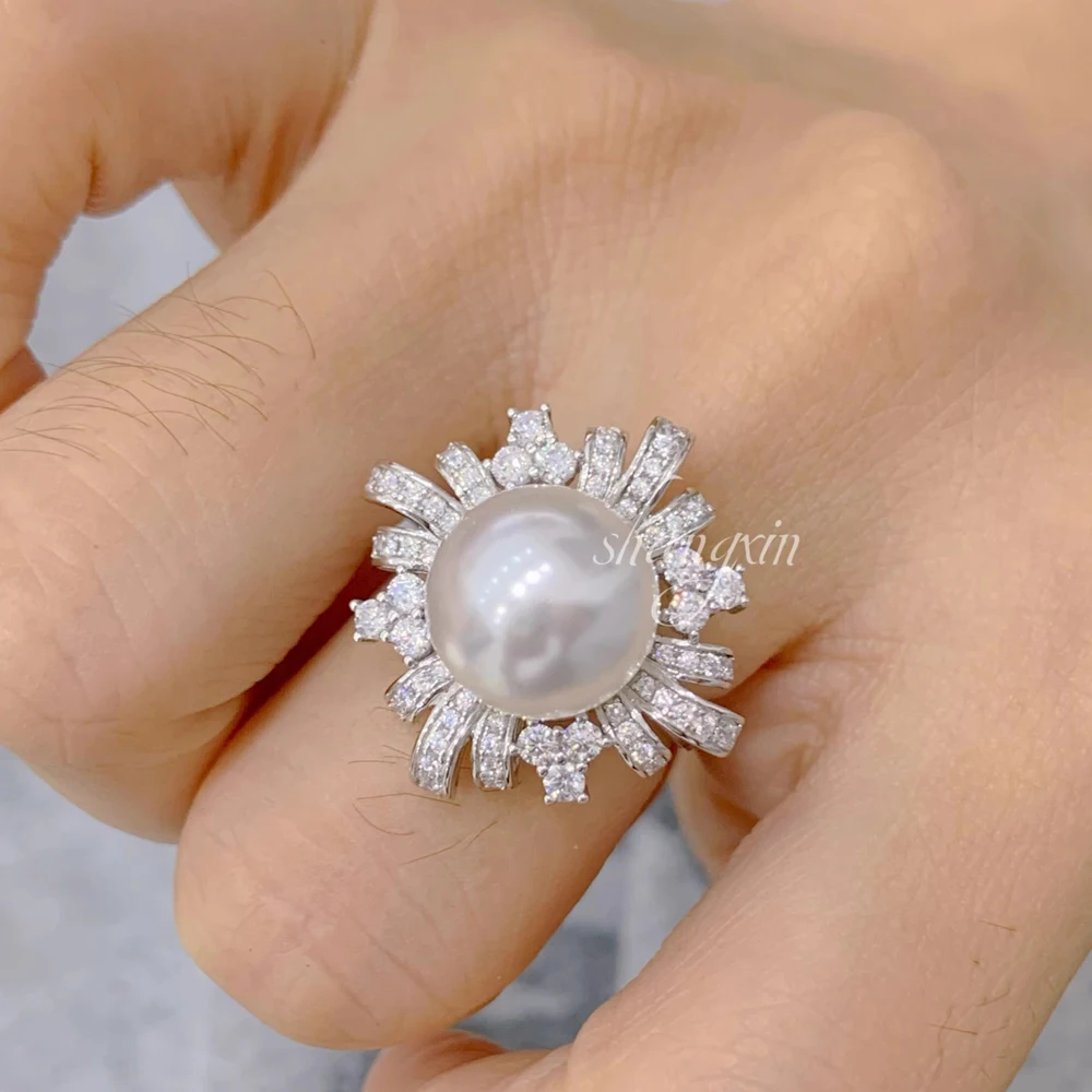 MeiBaPJ 11-12mm Natural Semiround Pearl Fashion Flower Ring DIY 925 Silver Holder Setting Fine Wedding Jewelry for Women