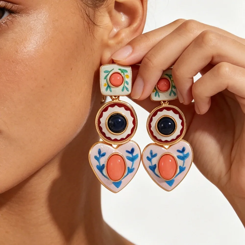 Boho Vintage Enamel Painting Floral Moon Multi Pendant Double Layer Necklace Earrings Set for Women Beach Vacation Jewelry Sets