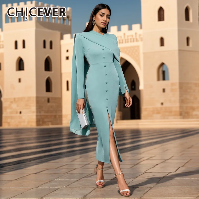 

CHICEVER Solid Bodycon Maxi Dresses For Women Shawl Collar Long Sleeve Single Breasted High Waist Autumn 2024 New Dress Female