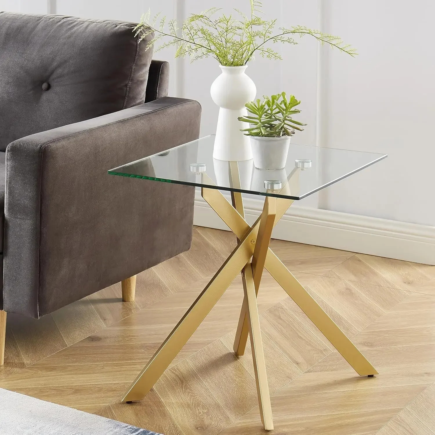 

Modern Style Square Side Table with Tempered Glass Top and Metal Tubular Legs, Gold 20"D*20"W*22"H