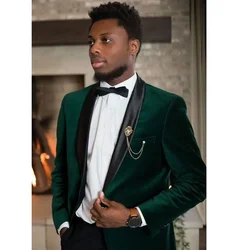 Blazer e calça verde formal masculino, roupas de festa de formatura, terno de peito único, jaqueta skinny, veludo, lapela xale preto, 2 peças, 2024