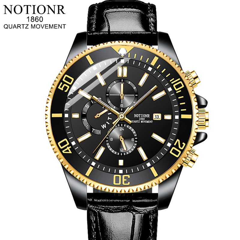 

NOTIONR Brand Fashion Mens Gold Watches Luxury Men Waterproof Quartz Wrist Watch Luminous Clock Man Business Leather Watch