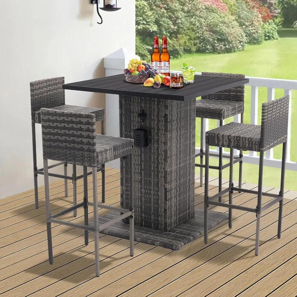 

5-Piece Outdoor Bar Set – Rattan High Top Table & 4 Counter Stools, Wicker Patio Furniture with Storage Shelf​