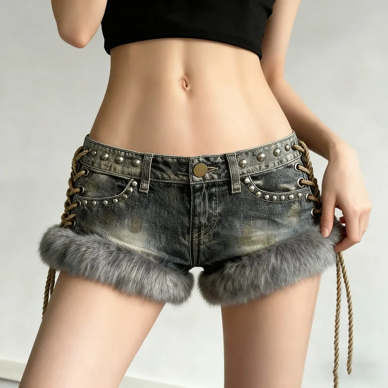 Y2k Aesthetic High Street Side Cross Lace Up Vintage Shorts Harajuku Punk Jean Rivet Nail Shor Pant Splice Fur Spice Girl Shorts