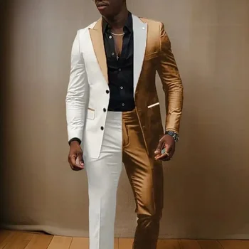 Splice Color Men Suits Wedding Peaked Lapel 3 Buttons Groom Tuxedo Slim Bridegroom Suits 2 Pcs Jacket With Pants Fashion Design