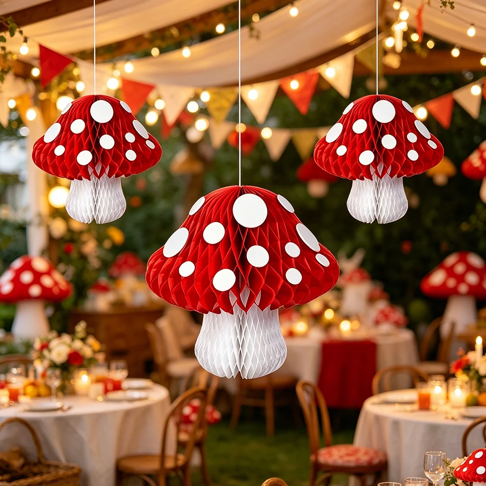 Image of Pilz-Waben-Partydekoration 3D Pilz-Hängedekoration Niedliche Pilze für Feenwald-Gartenparty, Geburtstagsdekoration